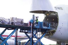 an airplane is being loaded with cargo by workers