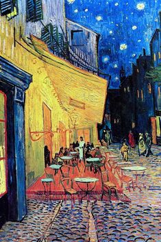 a painting of people sitting at tables in an alley