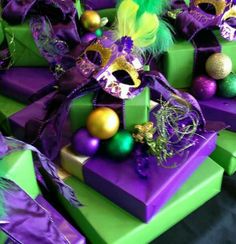 purple and green boxes with mardi gras decorations