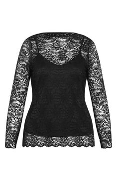 A tonal lining gives a layered look to this stretchy lace top with a beautifully scalloped hem. 24 1/2" length Jewel neck Long sleeves Partially lined 95% polyester, 5% elastane Machine wash, line dry Imported Black Lace Top For Layering, Chic Delicate Lace Top For Layering, Chic Black Top With Scalloped Lace, Spring Tops With Scalloped Lace For Night Out, Elegant Spring Lace Top With Contrast Lace, Chic Lace Top With Contrast Lace, Lace Top With Contrast Lace For Night Out, Chic Evening Tops With Scalloped Lace, Elegant Black Top With Scalloped Lace