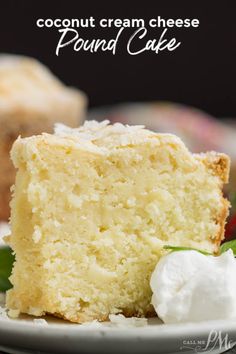 a piece of coconut cream cheese pound cake on a plate