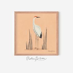 a painting of a crane standing in tall grass