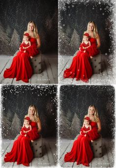 a woman in a red dress holds her baby while she sits on a chair with snow falling around her