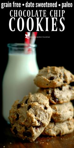 chocolate chip cookies are stacked next to a glass of milk