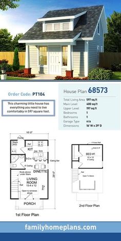 the floor plan for a two story house with an attached garage and living room, as well