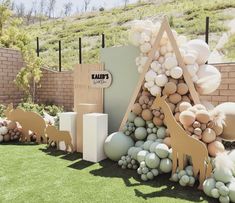 an outdoor display with balloons and animals