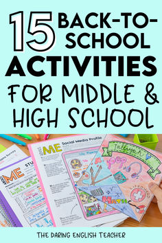 an open book with the title 15 back to school activities for middle and high school