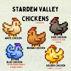 an image of chickens that are all different colors and sizes, with the words stardew valley chickens on them