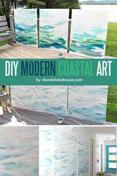 an outdoor area with some paintings on it and the words diy modern coastal art