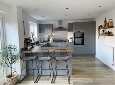 a kitchen with gray cabinets and wooden counter tops, two stools are in front of the island