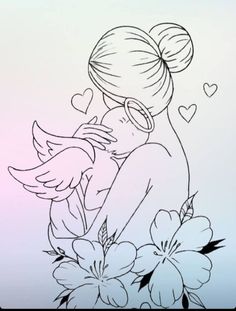 a drawing of a woman with flowers in her hair and an angel on her shoulder