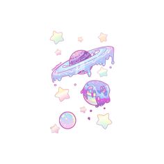 an image of a space ship with stars and bubbles in the air on a white background