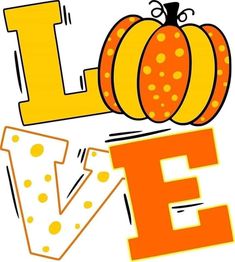 the letter e is decorated with pumpkins and polka dot dots to spell out love