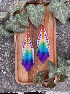 a pair of colorful earrings sitting on top of a wooden board next to a plant