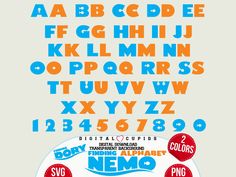 the letters and numbers are all in different colors, but one is blue or orange