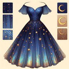 Moon And Star Dress, Moon Theme Dress, Moon Dress Gowns, Celestial Outfit Ideas, Celestial Dress Gowns, Star Themed Dress, Moon Themed Outfits, Celestial Princess