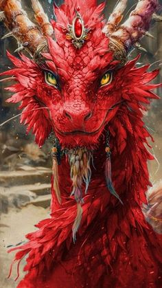 a red dragon with horns and feathers on it's head