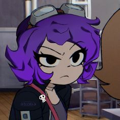 a cartoon girl with purple hair and glasses on her head, standing in front of a table