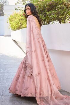 Pink chiffon floor length anarkali featuring floral embroidery with thread, beads, and zardozi. Paired with a dupatta adorned with scallop trimmings and floral embroidery., Fit: Relaxed Simple Anarkali Suits, Dolly J, Chiffon Lehenga, Simple Anarkali, Anarkali With Dupatta, Chiffon Embroidery, Floor Length Anarkali, Thread Beads, Long Anarkali