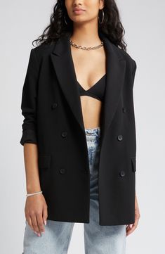 Upgrade your blazer game with this oversized, double-breasted style finished with polished peaked lapels. 30" length (size Medium) Peaked lapels Lined 88% polyester, 12% spandex Machine wash, tumble dry Imported Casual New Years Eve Outfits, Oversized Blazers, Glitter Shorts, Knit Shirt Dress, Outfits To Copy, Eve Outfit, Black Leather Pants