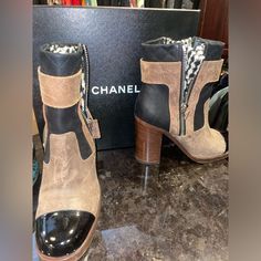 Brown And Black Authentic Chanel Heeled Boots. In Like New Condition Size Eu 41.5. Chanel Heels, Chanel Shoes, Shoes Heels Boots, Shoes Women Heels, Heeled Boots, Like New, Black And Brown, Shoes Heels, Chanel