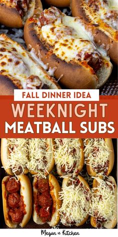 several different types of meatball subs with text overlay that reads fall dinner idea weeknight meatball subs