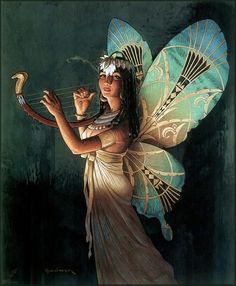 a painting of a woman dressed as an egyptian fairy holding a harp in her hands