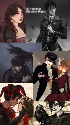 four different pictures of people in black and red outfits, one is holding a woman's head