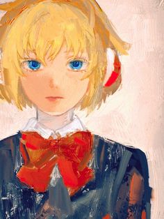 a painting of a girl with blonde hair and blue eyes wearing a red bow tie