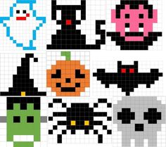 cross stitch pattern for halloween with pumpkins, witches and ghostes on white background