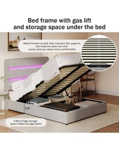 the bed frame with gas lift and storage space under the bed is shown in this article