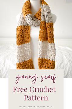 a crocheted scarf with text overlay that reads granny seat free crochet pattern