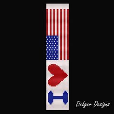 a cross stitch pattern with an american flag and heart in the center on a black background