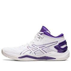 the asics shoes are white and purple