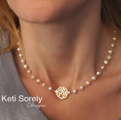 "A Freshwater pearl necklace never goes out of style. This beautiful necklace will be featuring your script initials in pretty script font. Great personalized git for wedding, Mother's day, formal dress or just a personal keepsake. Designs by Keti Sorely.  Pearl color: white Creation method: cultured Pearl size: 5-6 mm round Monogram size: optional from 1/2\" to 3/4\" Chain length - 18\". For shorter chain please leave the note at the checkout. -----NOTE---------- Traditional monograms are made Dainty Pearl Necklace, Natural Pearl Necklace, Pearl Necklace Designs, White Pearl Necklace, Cultured Pearl Necklace, Pompano Beach, Diy Schmuck, Pearl Chain, Monogram Initials