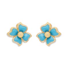 Turquoise Enamel Flower Clip Earrings - The Well Appointed House Cheap Turquoise Flower Earrings, Elegant Turquoise Enamel Earrings, Enamel Flower, Flower Clip, Sparkling Crystal, Clip Earrings, Intricate Design, The Light, Lab Grown