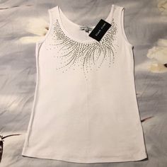 Nwt - Embellished Slinky Material White Tank. Medium Spring Embellished Stretch Tank Top, Spring Stretch Embellished Tank Top, Spring Stretch Tops With Rhinestones, Fitted White Embellished Top, Summer Stretch Tank Top With Rhinestones, Casual Sleeveless Tops With Rhinestones, White Tank, White Silver, Womens Tops