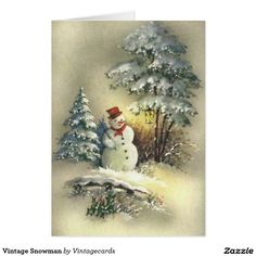 a christmas card with a snowman and trees