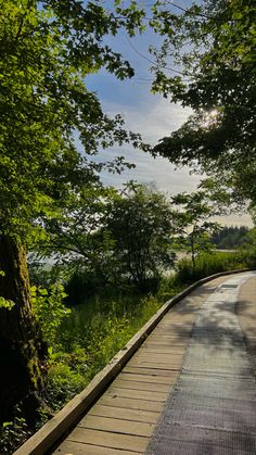 a wooden walkway in the middle of some trees and grass with water on either side