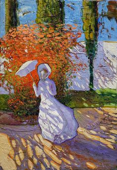 a painting of a woman walking down the street with an umbrella in her hand,