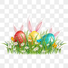 easter eggs in the grass with flowers and butterflies on them, transparent background png