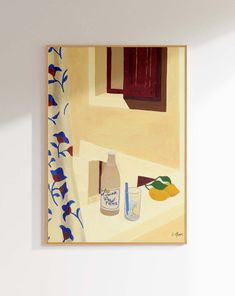 a painting hanging on the wall above a sink