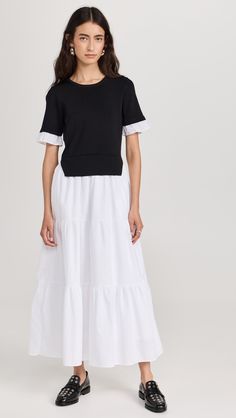 English Factory Mixed Media Short Sleeve Maxi Dress | Shopbop Chic Cotton Short Sleeve Workwear Top, Chic Cotton Short Sleeve Top For Work, Short Sleeve Top With Ruffle Hem For Work, Short Sleeve Ruffle Hem Top For Work, Short Sleeve Fitted Dresses For Layering, Fitted Short Sleeve Dresses For Layering, Casual Short Sleeve Dresses For Layering, Cotton Short Sleeve Top For Layering, Spring Cotton Short Sleeve Top For Workwear