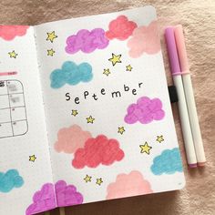 september cloud and stars bullet journal theme #bujo #bujoideas #bulletjournal #bulletjournaling #bulletjournalideas Cover Of Journal Ideas, August Bullet Journal Cover Ideas, September Book Journal, Simple Bullet Journal Themes, Simple Bujo Themes, September Journal Cover, September Journal Ideas, Cloud Journal, Bujo Theme Ideas