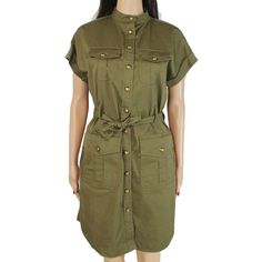 * Age Gender : Womens * Apparel Material : 97% Cotton/3% Spandex * Regional Size Classification : Us * Color Class : Green * Size Modifier : Petites * Closure Type : Button Placket Closure * Dress Type : Shirtdress * Fit Type : Petites * Skirt/Dress Length : Above Knee, Mini Fitted Khaki Shirt Dress Casual, Casual Belted Knee-length Shirt Dress, Casual Green Belted Shirt Dress, Metallic Lace Dress, High Neck Black Dress, Dolman Dress, White Sheath Dress, Nylon Dress, Navy Lace Dress