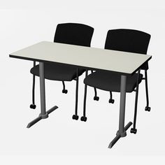 three black chairs sitting at a rectangular table