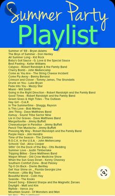 a poster with the words summer party playlist written in blue and yellow on it