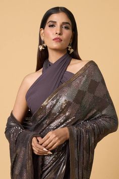 Charcoal saree with metallic sequin embroidery in diamond patterns. Comes with sequined unstitched blouse piece. - Aza Fashions Sequin Chinon Pre-draped Saree For Diwali, Festive Silk Pre-draped Saree With Sequins, Designer Pre-draped Sequin Saree For Diwali, Celebration Pre-draped Saree With Sequins, Elegant Unstitched Sequined Blouse Piece, Diwali Sequined Chinon Blouse, Festive Sequined Pre-draped Georgette Saree, Eid Georgette Blouse With Sequins, Eid Sequined Georgette Blouse