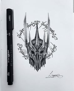 a pen drawing of a horned head with horns