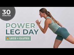 a woman running with the words power leg day in front of her, and an image of